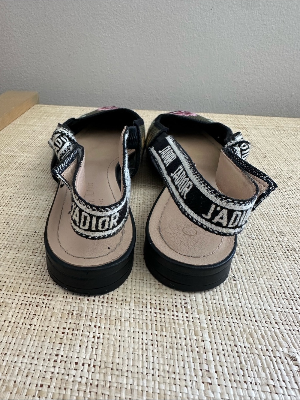 Dior Olive Embroidered Floral Slingback Flats with Pink Blooms - Picture 4 of 8